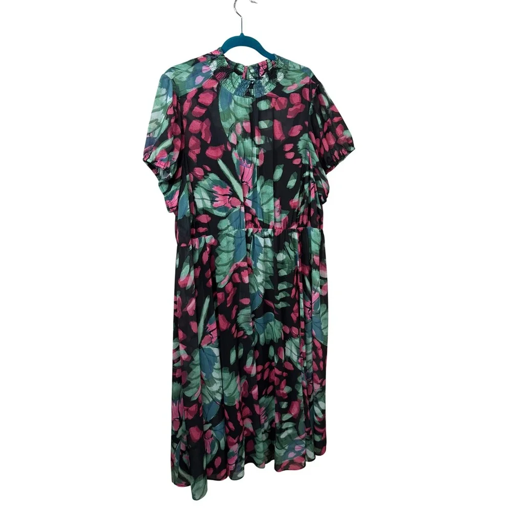 Torrid Womens Plus‎ Size 3 Tropical Floral Chiffon Smocked Midi Dress Black Pink
